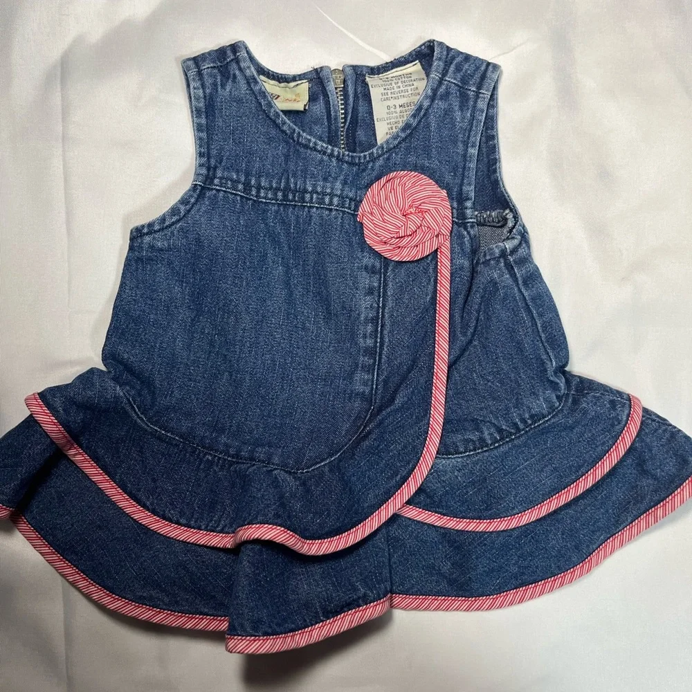 Vintage Faded Glory Baby Denim Dress 0-3M Red Trim Swirl Ruffle Zip‎ Back